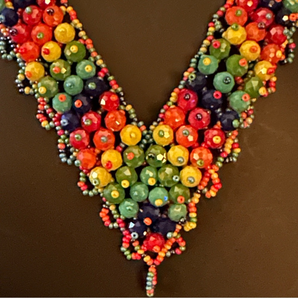 Multicolored Handmade Beaded Chaquira Necklace V-Shaped Statement Boho Choker - Picture 2 of 14